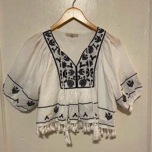 Embroidered White Balloon Sleeve Blouse
